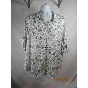Karl Lagerfeld Paris Womens XL White Black Script Eiffel Tower Roll Tab Blouse